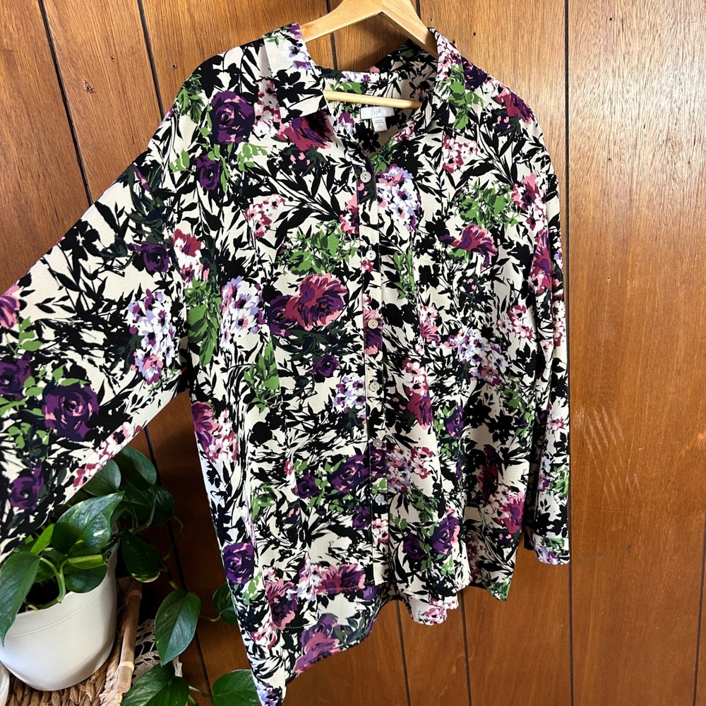 J.Jill Floral Button‎ Down Blouse Purple Pink Green Long Sleeve XL Petite - Picture 3 of 11